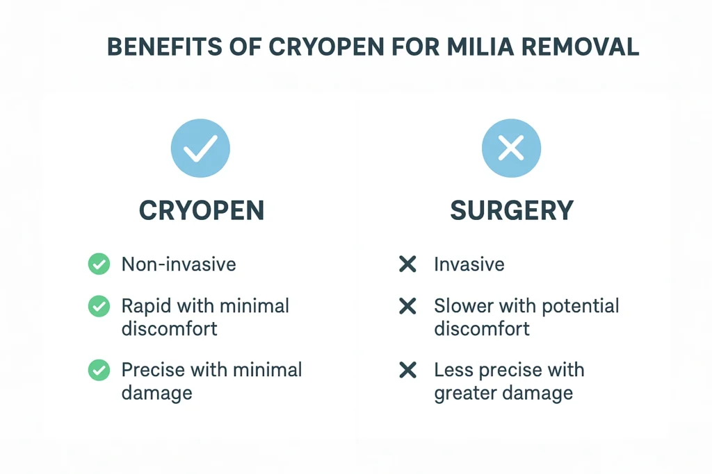 Benefits of cryopen for milia removal Livingston compared to surgical treatments.