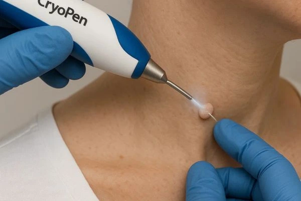 Person receiving cryotherapy Livingston for skin tag removal