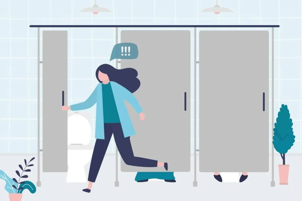graphic of Urine incontinence Livingston woman running to the toilet.