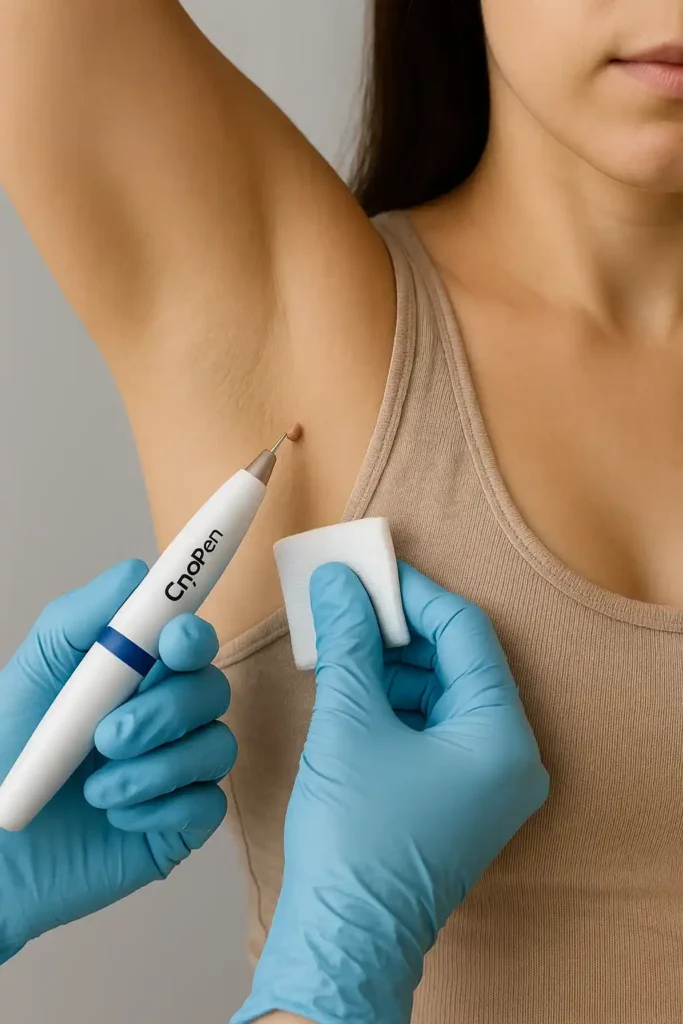 woman having cryopen to remove underarm skin tags Livingston