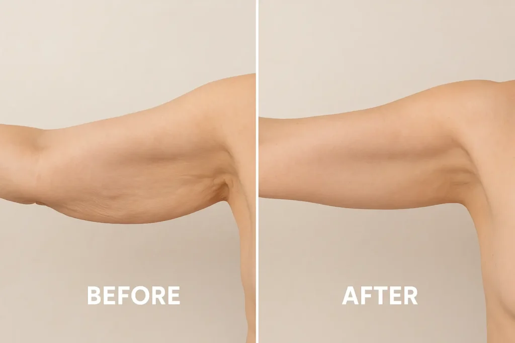 Picture of LA LIPO Livingston before and after results of skin tightening treatment on the upper arms.