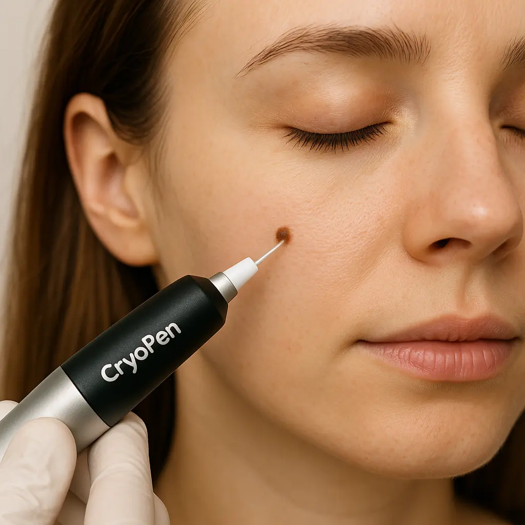 woman receiving facial mole removal Livingston using cryopen