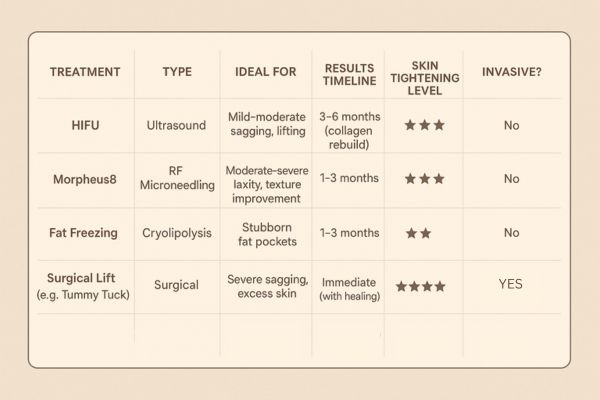 Table showing the comparisons of Skin tightening Livingston treatment options.